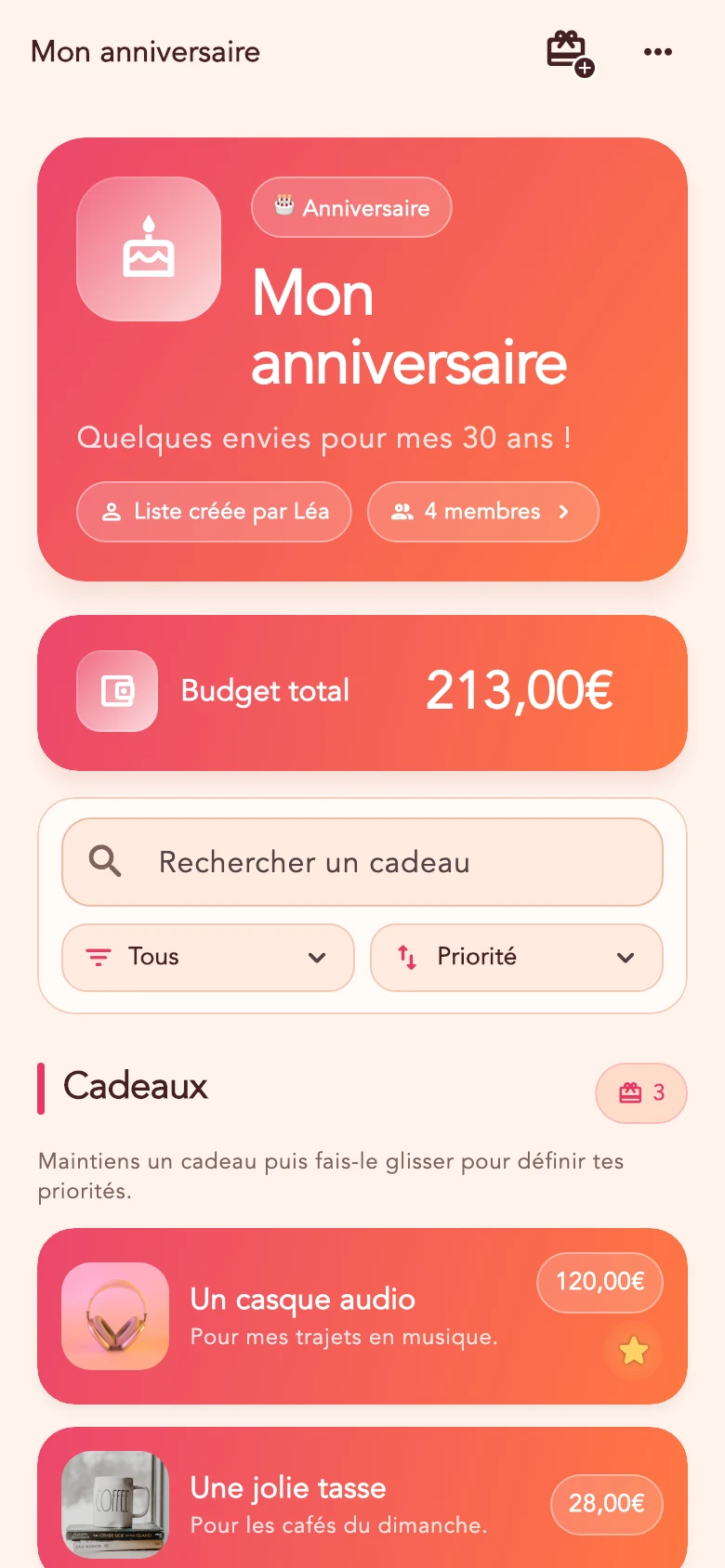 La liste d’anniversaire de Léa dans l’app : ses idées de cadeaux, leurs photos et leurs prix. Les participations de ses proches ne lui sont pas révélées.