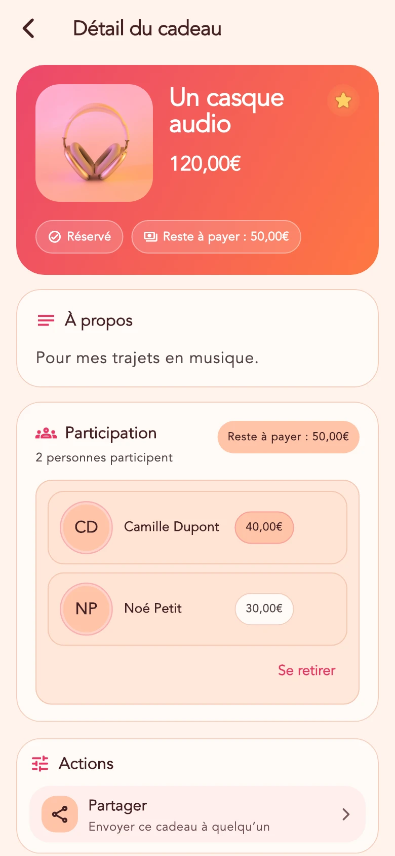 Côté Camille, le casque à 120 euros : Camille participe à hauteur de 40 euros et Noé de 30 euros. Il reste 50 euros à payer.